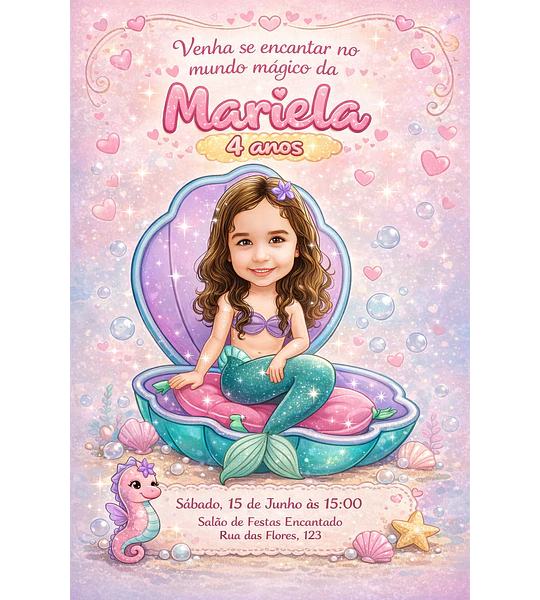 Caricatura Infantil Sereia Personalizada | Convite e Banner Menina
