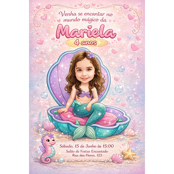 Caricatura Infantil Sereia Personalizada | Convite e Banner Menina