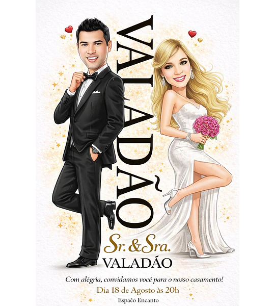 Caricatura Casamento Elegante | Noivo e Noiva Personalizados