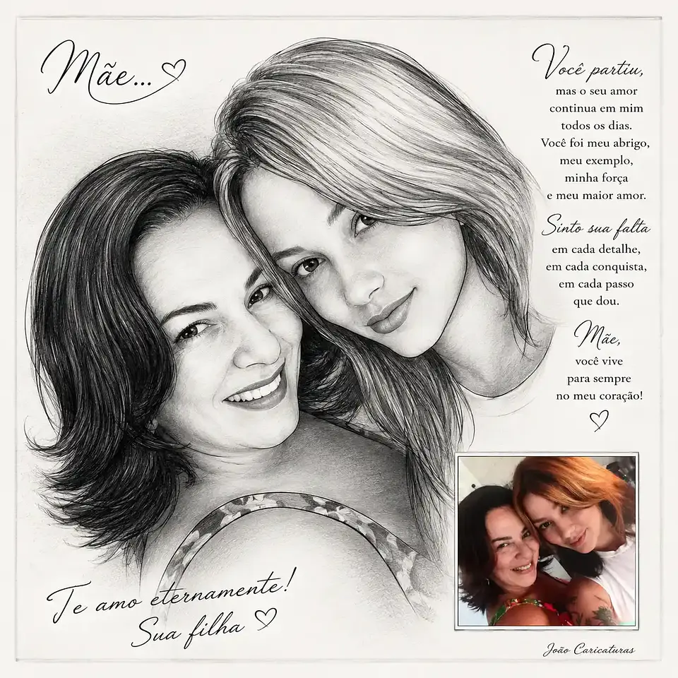 Caricatura Digital em Grafite – Homenagem In Memoriam para Mãe, Filha, Irmã ou Amiga 1