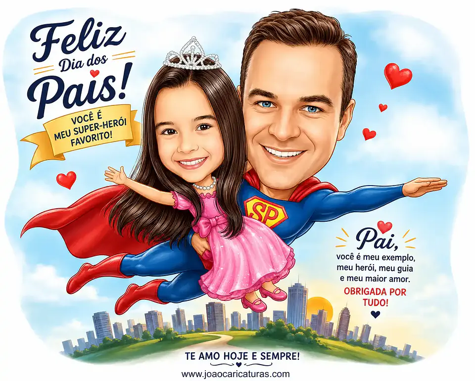 Caricatura Digital Pai e Filha Super-Heróis | Presente Personalizado para Família 1