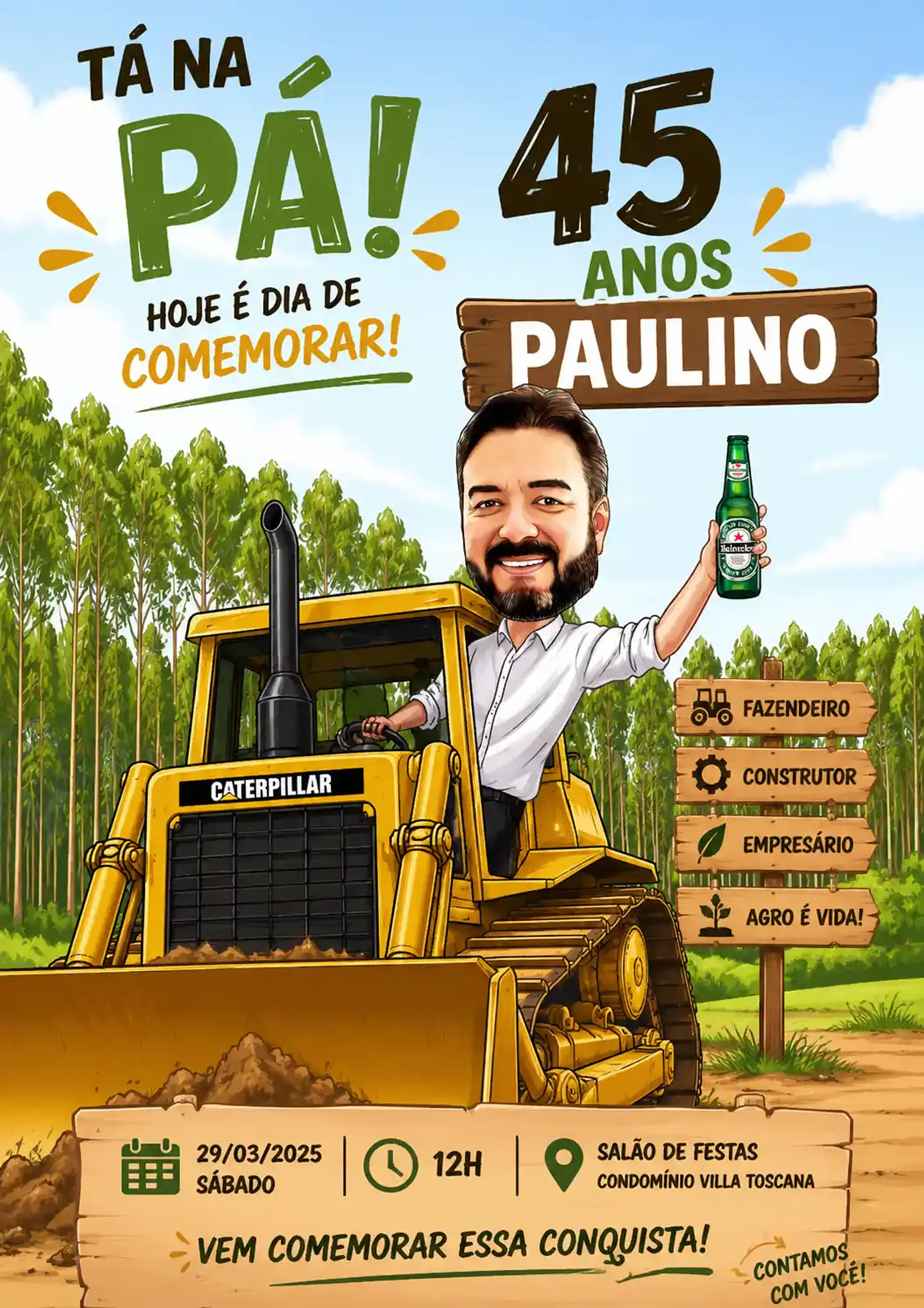 Caricatura Homem Fazendeiro Agro Negócio com Trator e Máquinas | Aniversário Personalizado 1