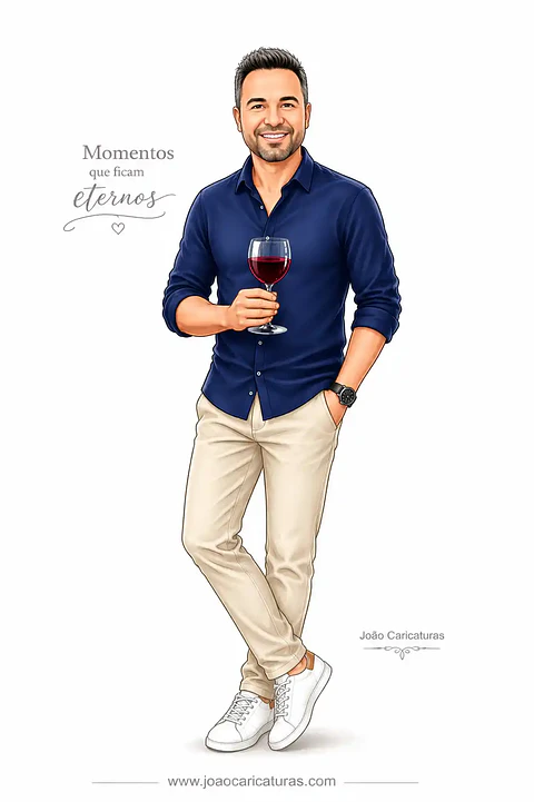 Caricatura Realista Personalizada de Homem para Aniversário | Brinde com Taça de Vinho