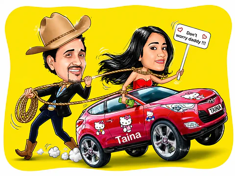 Caricatura de Casal Personalizada com Carro e Tema  pai Cowboy