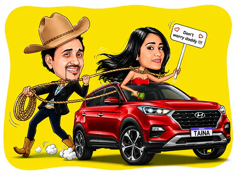 Caricatura de Casal Personalizada com Carro e Tema  pai Cowboy