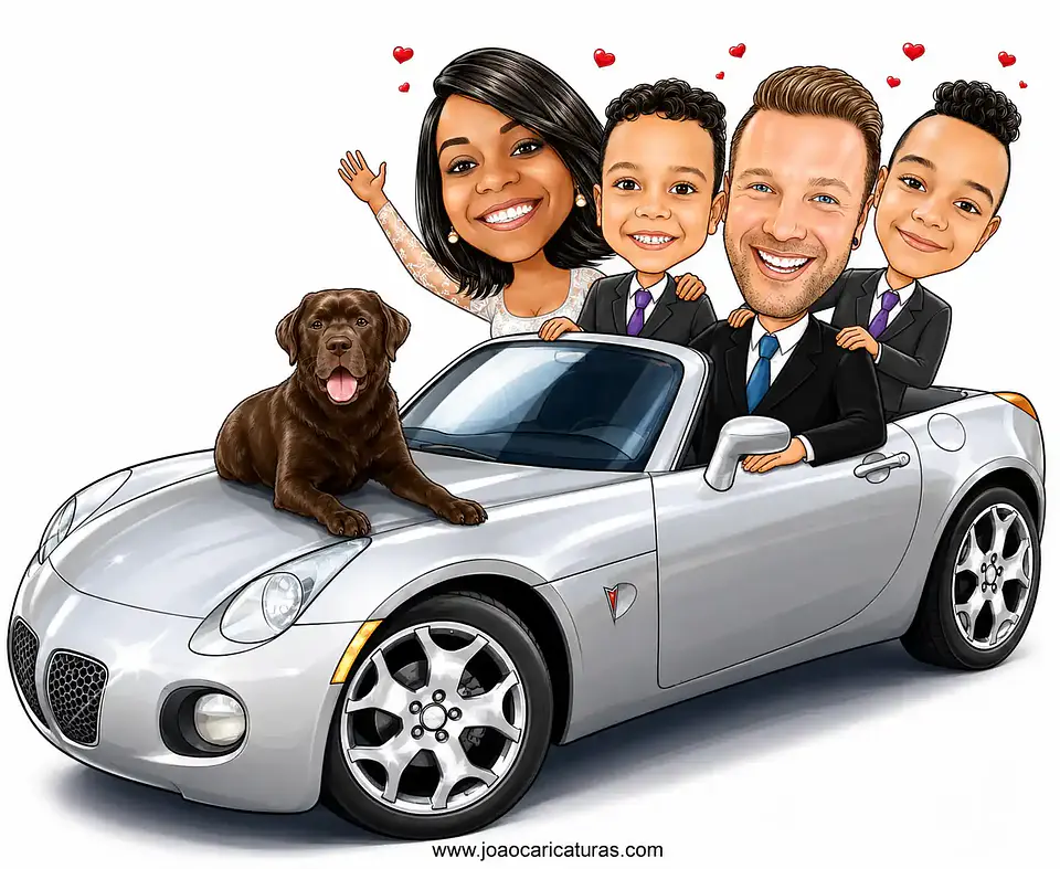 Caricatura Digital Personalizada de Família com Carro (Preço por Pessoa) 4