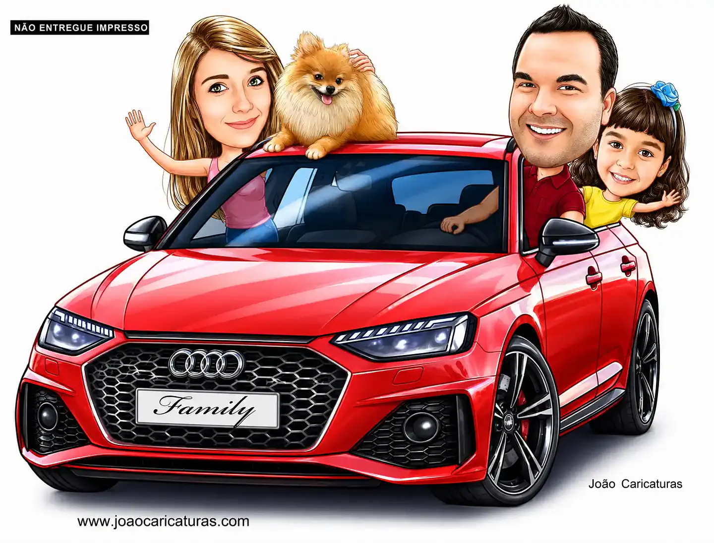 Caricatura Digital Personalizada de Família com Carro (Preço por Pessoa) 5