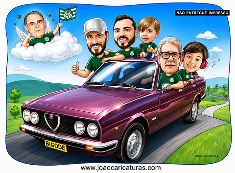 Caricatura Digital Personalizada de Família com Carro (Preço por Pessoa)