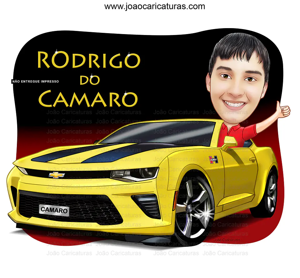 caricatura digital aniversariante dirigindo camaro amarelo carrão luxo aniversário presente qualidade adolescente arte digital enviada email p impressão  1