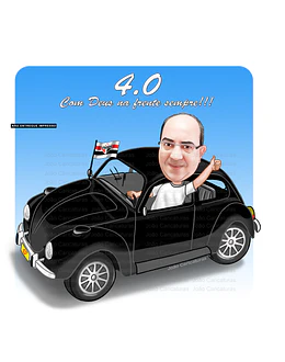 Caricatura realista aniversário homem dirigindo carro fusca preto time São Paulo desenho fuscão enviado por email alta qualidade rosto idêntico super personalizado do aniversariante pai marido espos