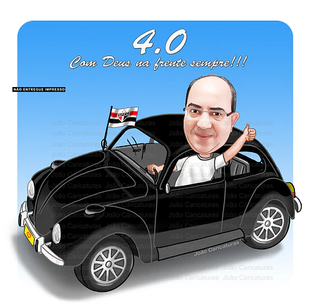 Caricatura realista aniversário homem dirigindo carro fusca preto time São Paulo desenho fuscão enviado por email alta qualidade rosto idêntico super personalizado do aniversariante pai marido espos