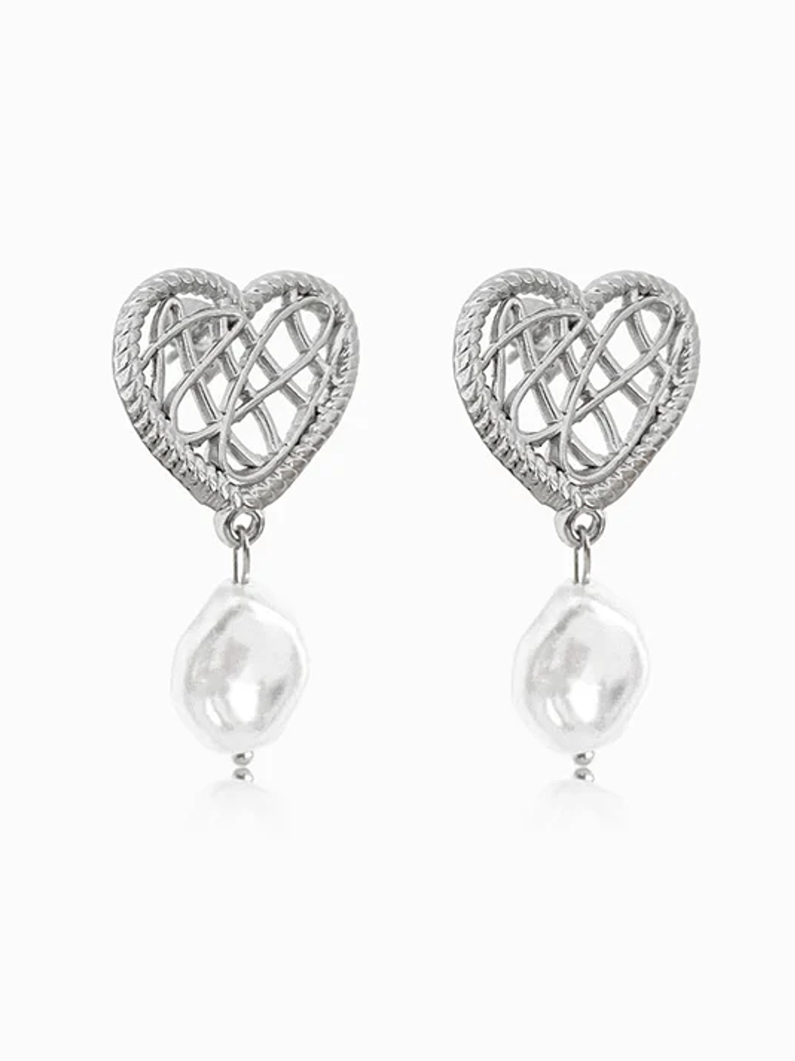 Heart Earrings with Pearl 36x18mm - Stainless Steel - Silver 1