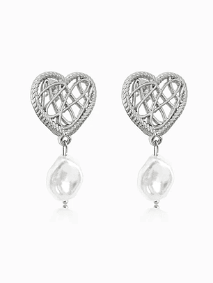 Heart Earrings with Pearl 36x18mm - Stainless Steel - Silver