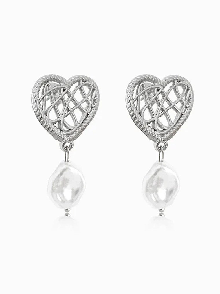 Heart Earrings with Pearl 36x18mm - Stainless Steel - Silver 1
