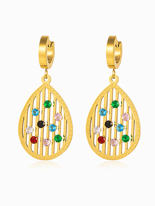 Brincos Gota com Brilhantes 33x22mm  - aço inoxidável