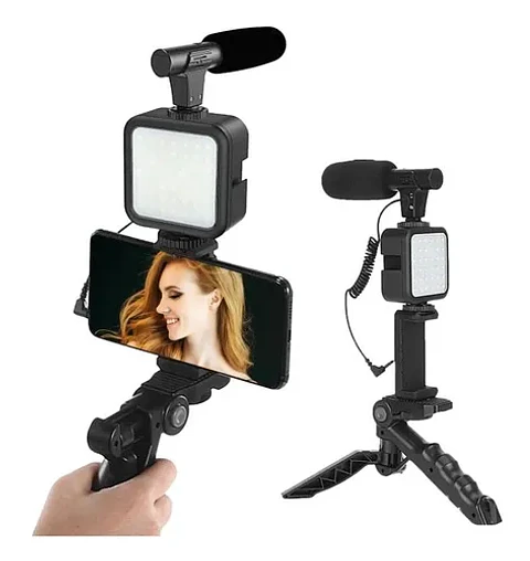 Kit Para Grabacion Streaming Tripode Luz Micrófono Palo Selfie