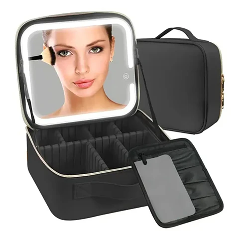 Bolso de maquillaje con Espejo Led Organizador Color Negro