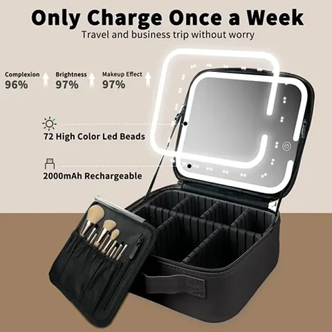 Bolso de maquillaje con Espejo Led Organizador Color Negro