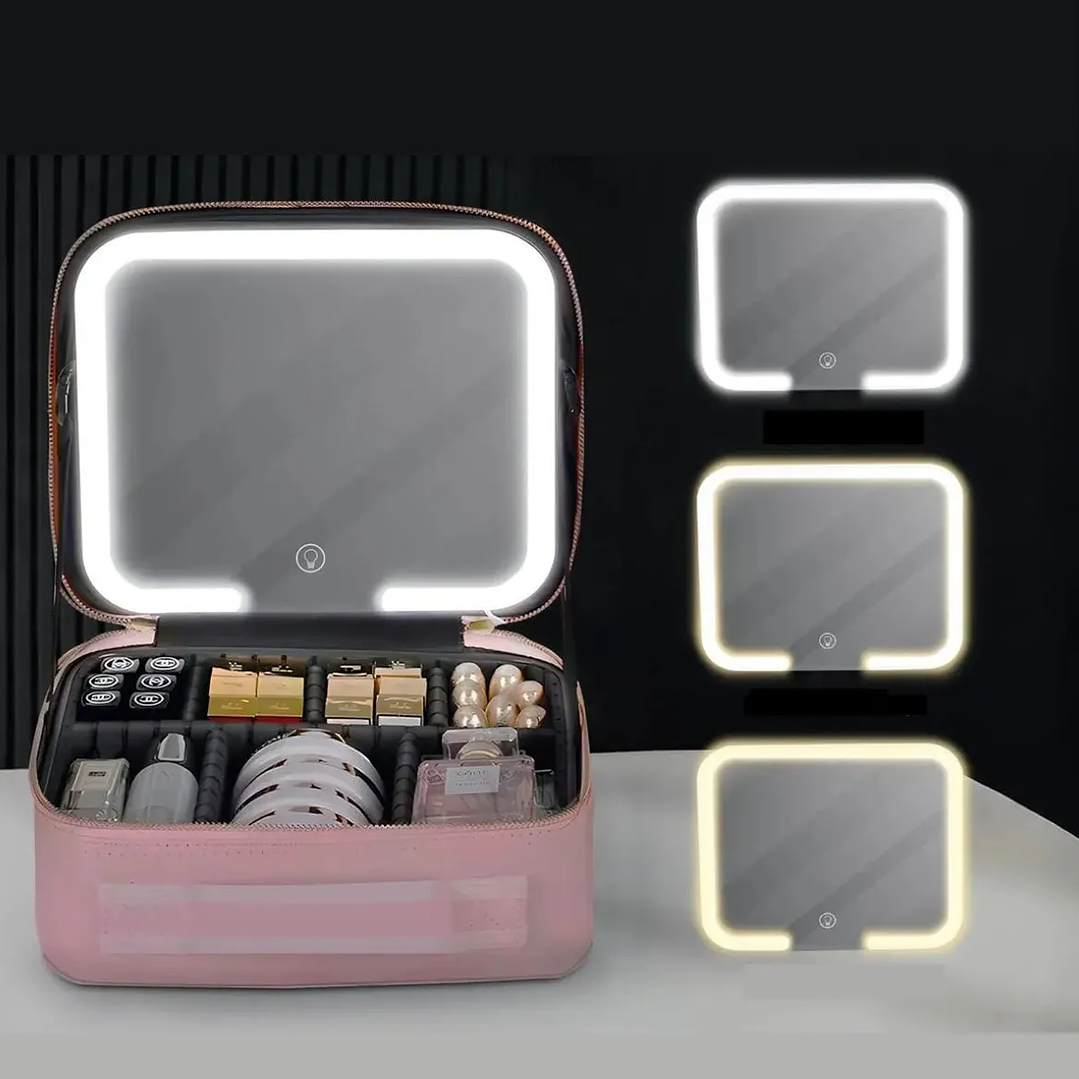Bolso Maquillaje Cosmetiquero Espejo Led Bolso Mano 26x23x13 Rosa 1