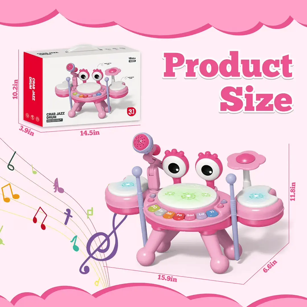 Juguete Batería Musical Bebes, Instrumento Tambor Musical Rosa 2