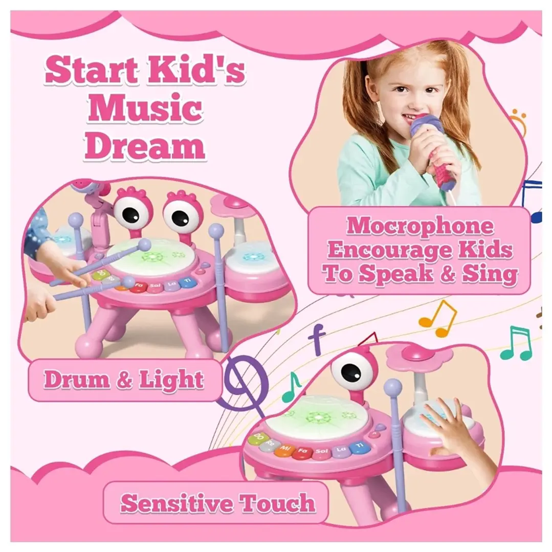Juguete Batería Musical Bebes, Instrumento Tambor Musical Rosa 3