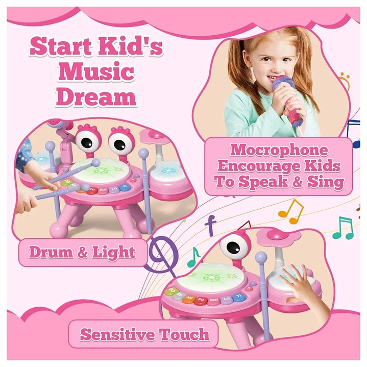 Juguete Batería Musical Bebes, Instrumento Tambor Musical Rosa 3