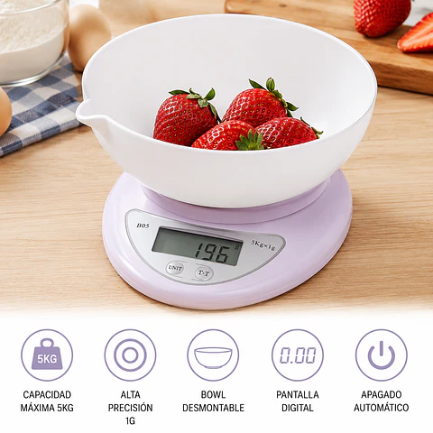 Balanza Digital de Cocina con Bowl Desmontable 5 kg x 1 g – Pantalla LCD de Alta Precisión
