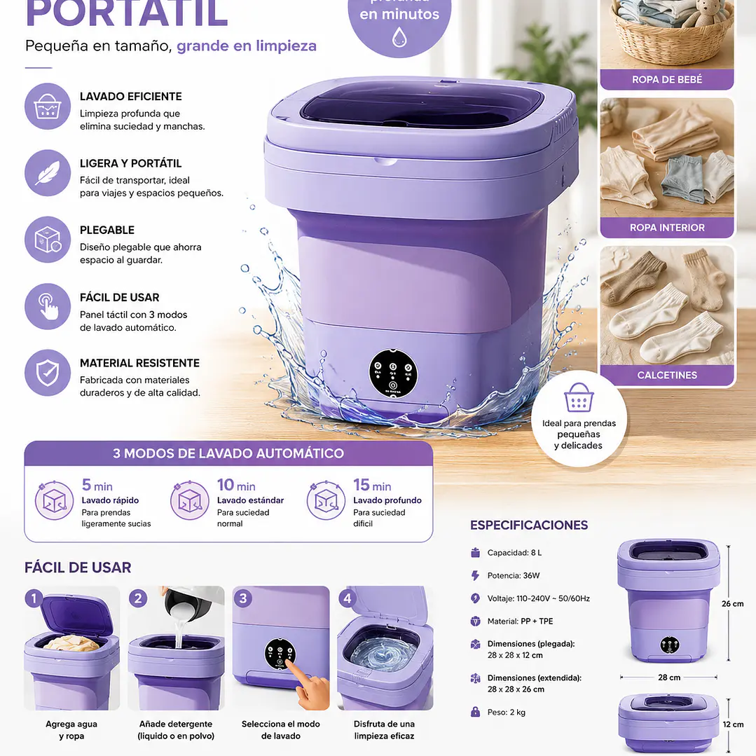 Mini lavadora portátil plegable con centrifugado de 8 L 4