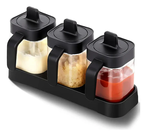 Set de 3 Condimenteros de Vidrio con Tapa y Base Organizadora - Especieros para Cocina