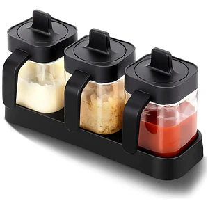 Set de 3 Condimenteros de Vidrio con Tapa y Base Organizadora - Especieros para Cocina