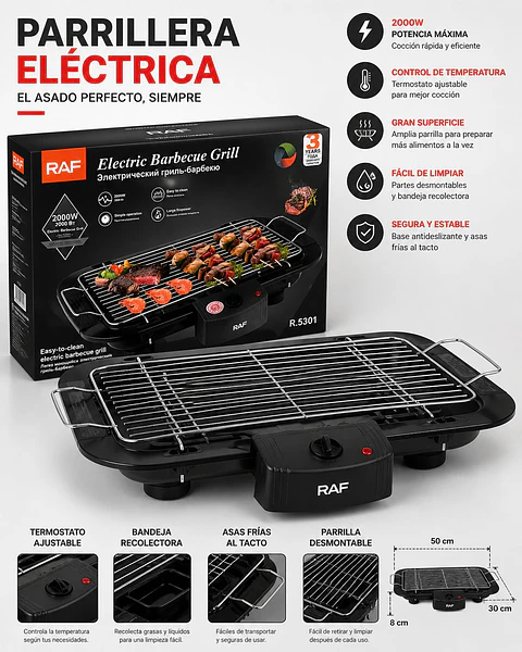 Parrillera Eléctrica RAF 2000W con Temperatura Ajustable