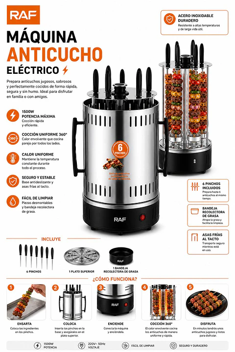 Máquina de Anticuchos Eléctrica RAF 1500W – 6 unid