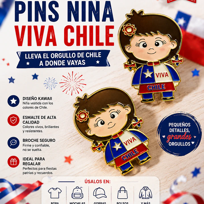 Pack 2 Pin / Solapa Bandera Chile – Diseño Niña 1