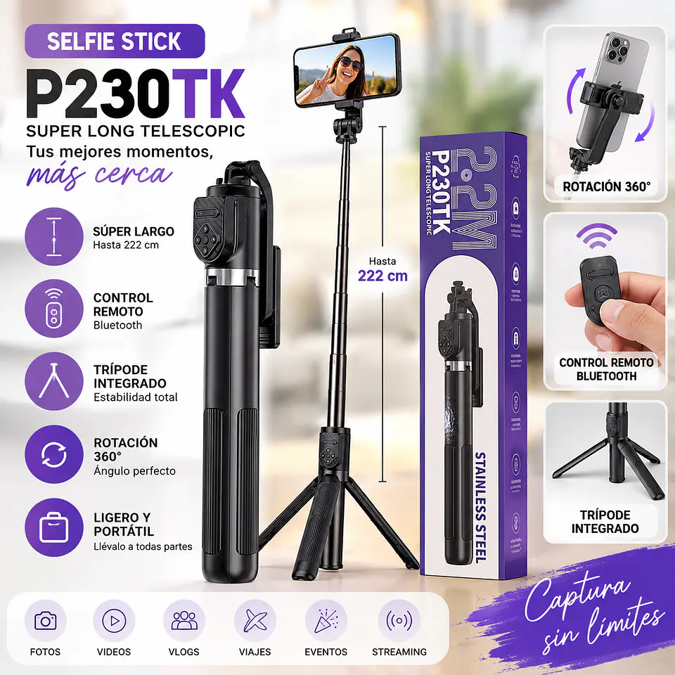 Selfie Stick Trípode Telescópico 2,22 m con Control Bluetooth P230TK 1