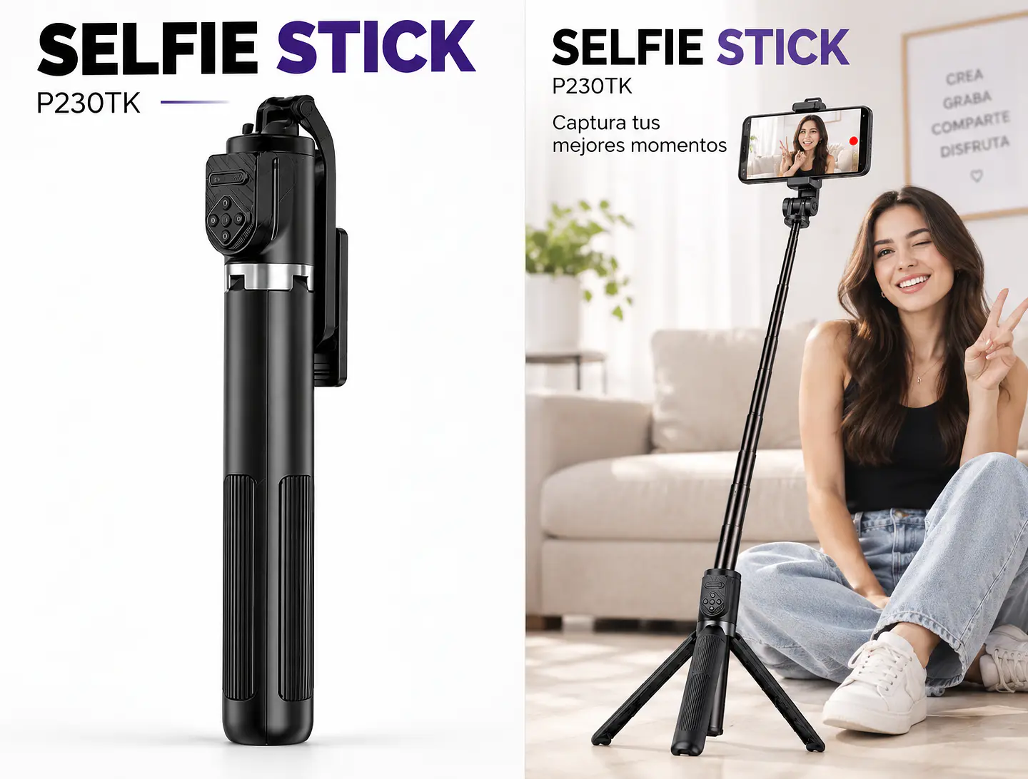 Selfie Stick Trípode Telescópico 2,22 m con Control Bluetooth P230TK 6