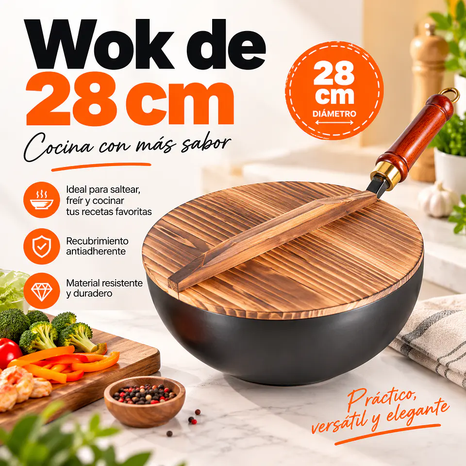 Wok Antiadherente 28 cm con Tapa de Madera y Mango 1