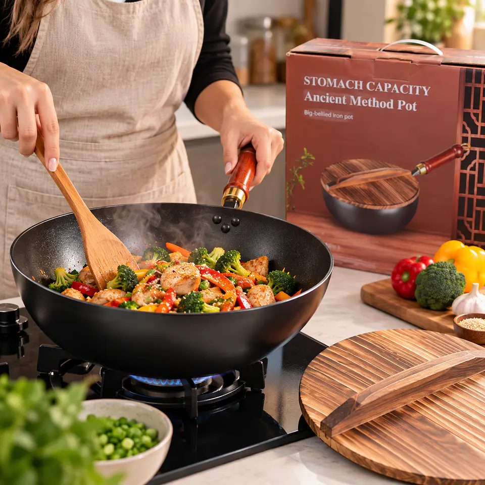 Wok Antiadherente 28 cm con Tapa de Madera y Mango 3