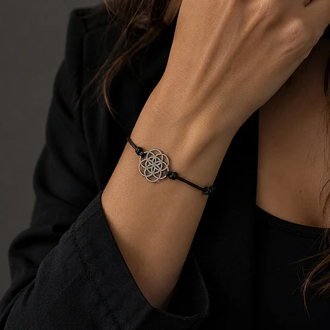 Pulsera Cuero Semilla Vida Plateado