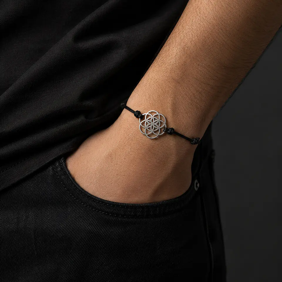 Pulsera Cuero Semilla Vida Plateado 3