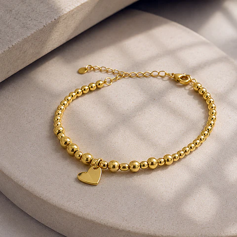 Pulsera Bolitas Corazón Oro