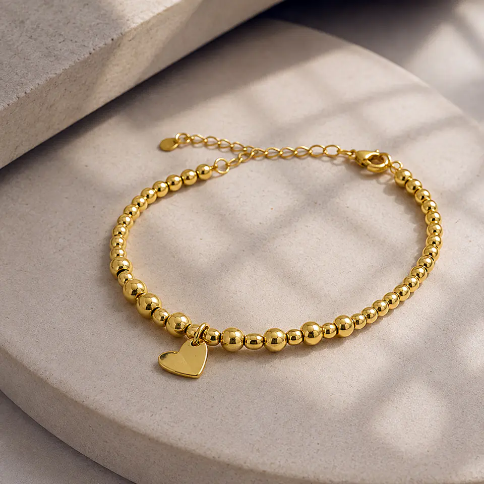 Pulsera Bolitas Corazón Oro 1