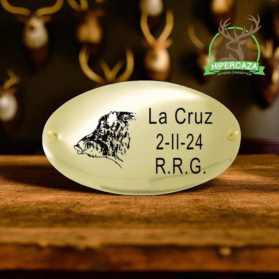 Chapa trofeo de caza personalizada jabalí  2