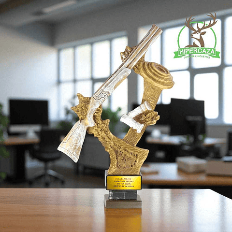 Trofeo de tiro al plato blanco y dorado