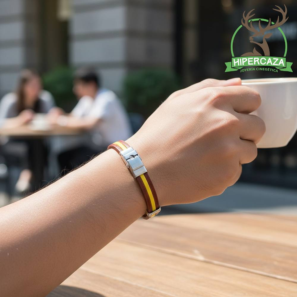 Pulsera de acero con cuero rojo y amarillo España  3
