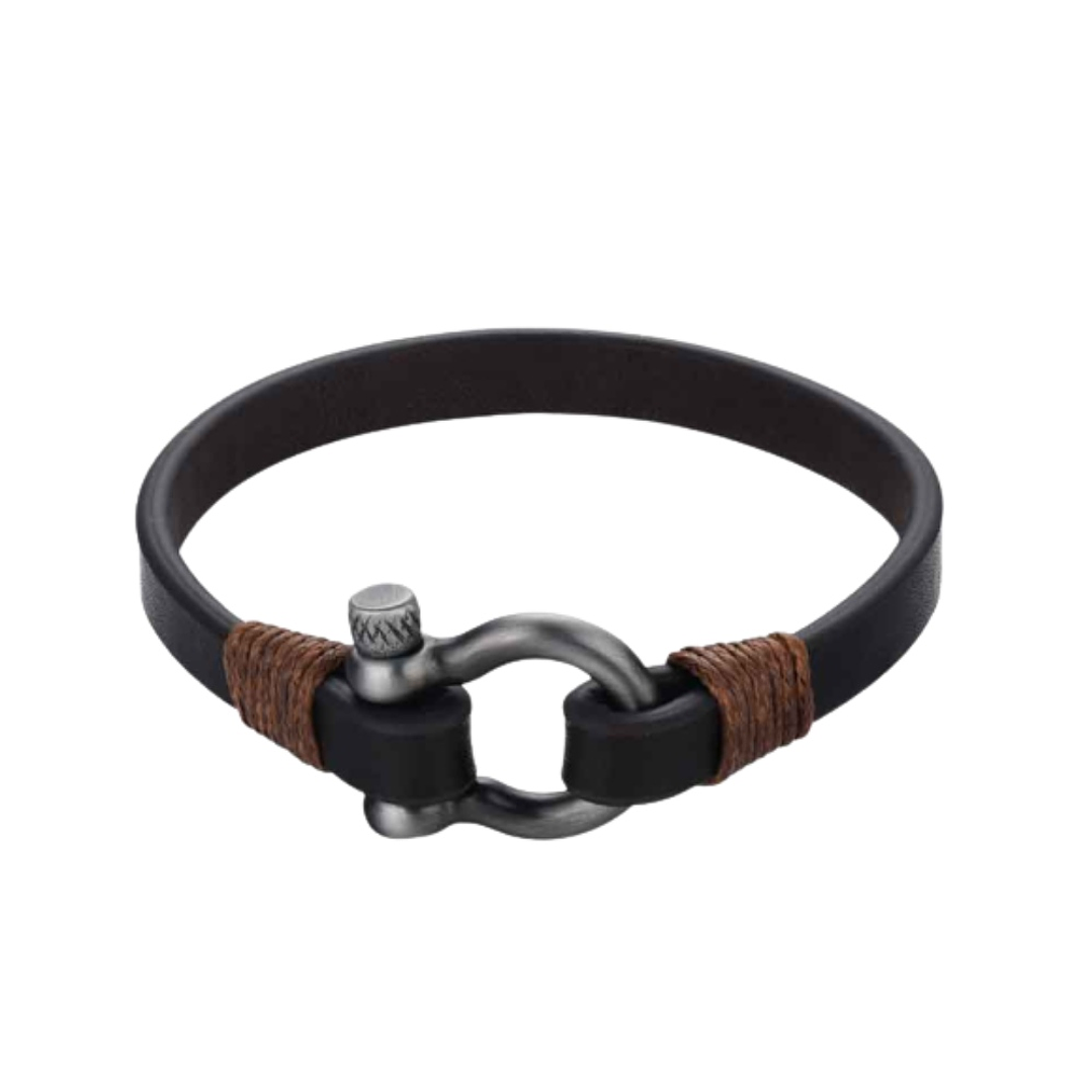 Pulsera de hilo marron y cuero negro  1