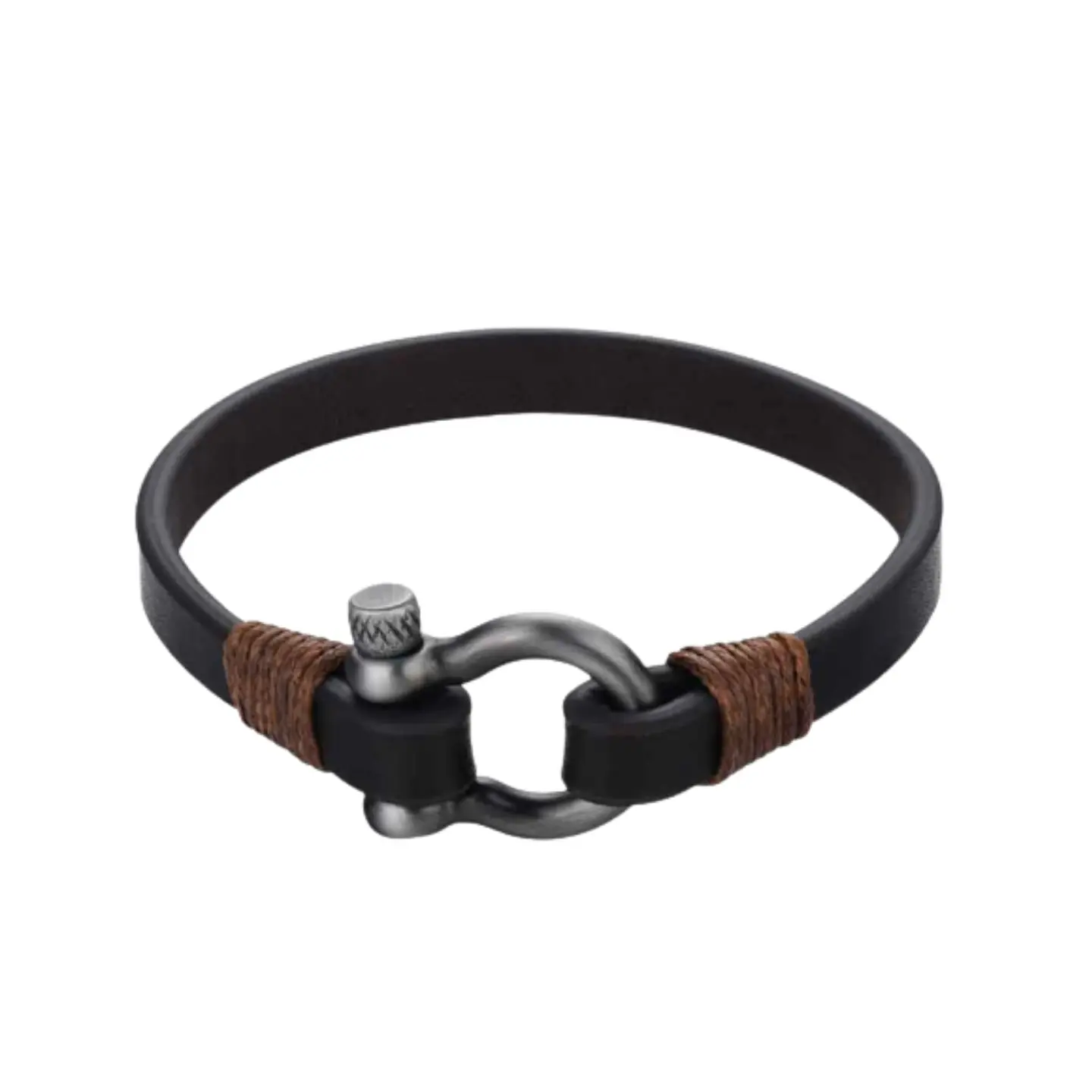 Pulsera de hilo marron y cuero negro  1