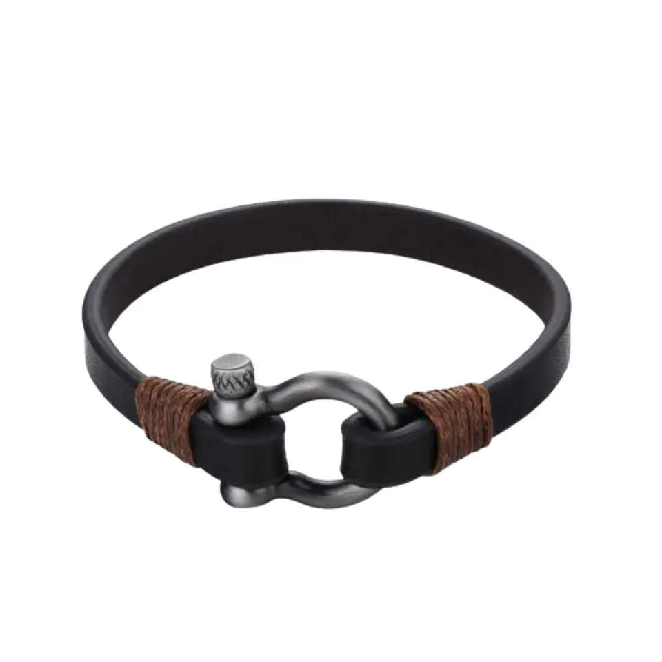 Pulsera de hilo marron y cuero negro  1