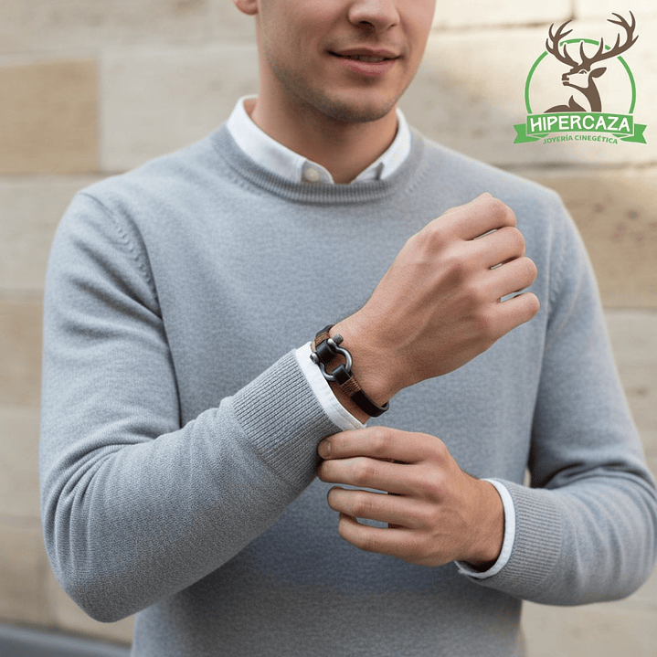 Pulsera de hilo marron y cuero negro  3