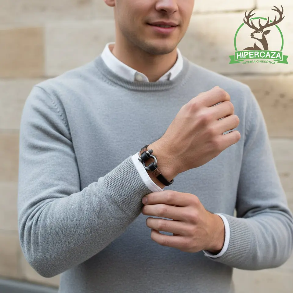 Pulsera de hilo marron y cuero negro  3