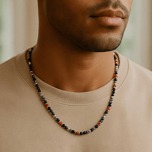 Collar con ágata negra, roja y piedra azul